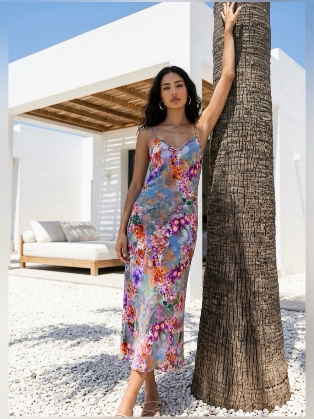 NWT AllSaints Floral Slip Midi Dress Gray Multicolor Y2K Fairy Grunge